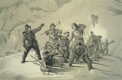 Pause pour se rafraîchir, de Dix scènes de la dernière ascension du Mont Blanc, y compris cinq vues du sommet, par J.D.H. Browne, publié en 1853 - English School